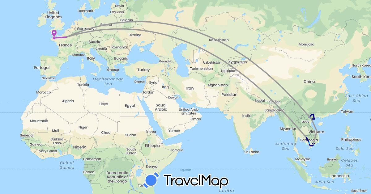 TravelMap itinerary: driving, plane, train, boat in France, Cambodia, Vietnam (Asia, Europe)